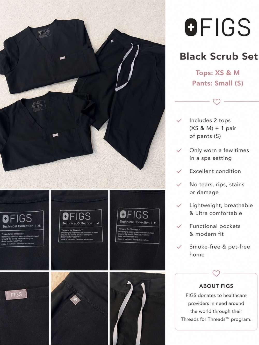 FIGS Black Scrub Set - Tops & Pants
